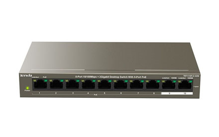 Conmutador de sobremesa de 8 puertos de 10/100 Mbps y 2 puertos Gigabit con 8 puertos PoE - Tenda - TEF1110P-8-102W